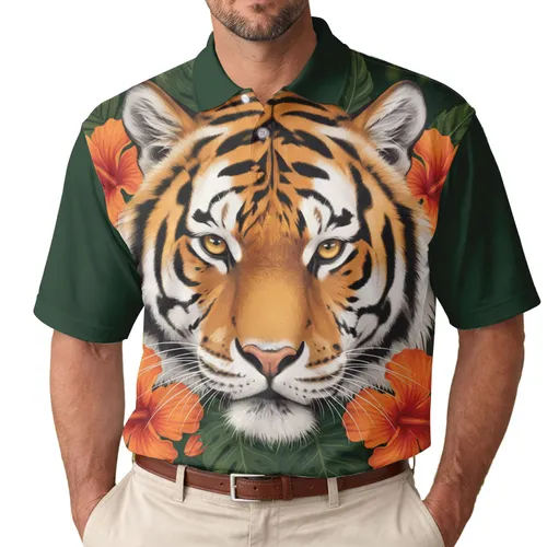 Siberian Tiger Face Tropical Hibiscus Jungle - Wildlife Lover Gift for Tiger Lovers Men's Polo Shirt