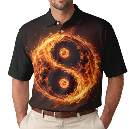 Swirling Orange Yellow Flame Yin Yang Symbol - Spiritual Balance Gift Men's Polo Shirt