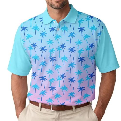Dense Palm Tree Field Sky Pink Scene - Vacation Trip Essentials for Travelers Men's Polo Shirt