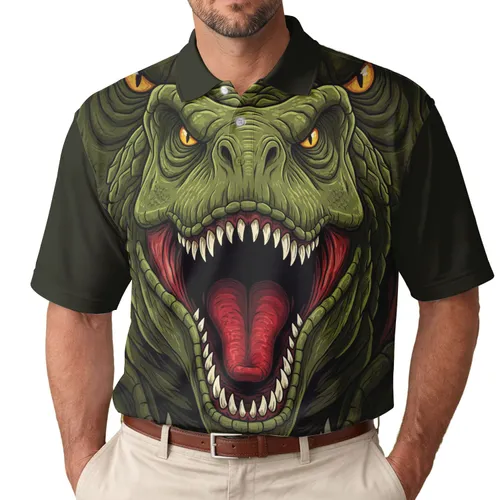 Green Dinosaur Head Roaring Sharp Teeth Red Tongue - Dinosaur Lover Gift for Kids Men's Polo Shirt