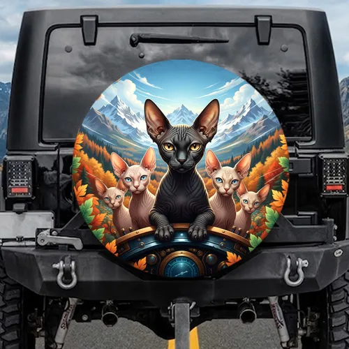 Five Realistic Sphynx Cats Mountain Peaks Autumn Forest - Outdoor Adventure Gift Spare Tire Cover