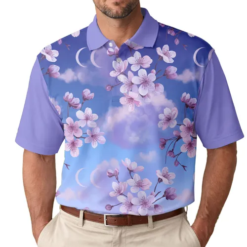 Delicate Flowers Misty Clouds Crescent Moon Twilight Sky - Nature Lover Gift Men's Polo Shirt