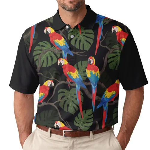 Macaws Perched Gnarled Branches Tropical Foliage - Wildlife Lover Gift for Bird Watchers Men's Polo Shirt