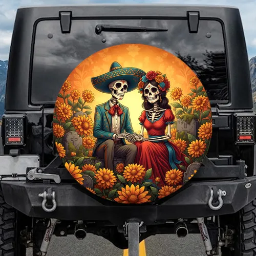Dia de los Muertos Skeleton Couple Marigold Gravestones - Day of the Dead Decor Spare Tire Cover