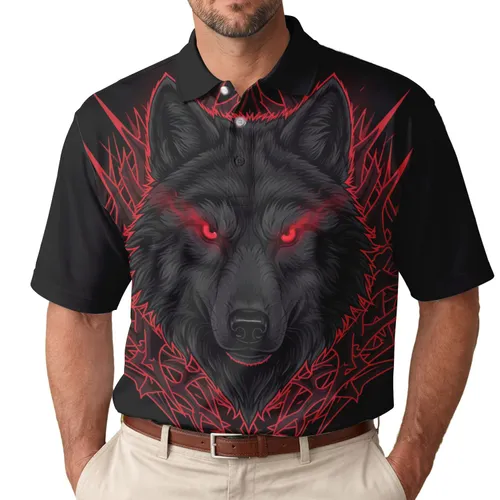 Powerful Black Wolf Glowing Red Eyes Sharp Red Geometric Frame - Wildlife Lover Gift Men's Polo Shirt
