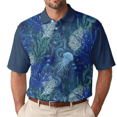 Royal Blue Corals Jellyfish Seaweed Deep Ocean Water Scene - Ocean Lover Gift Men's Polo Shirt