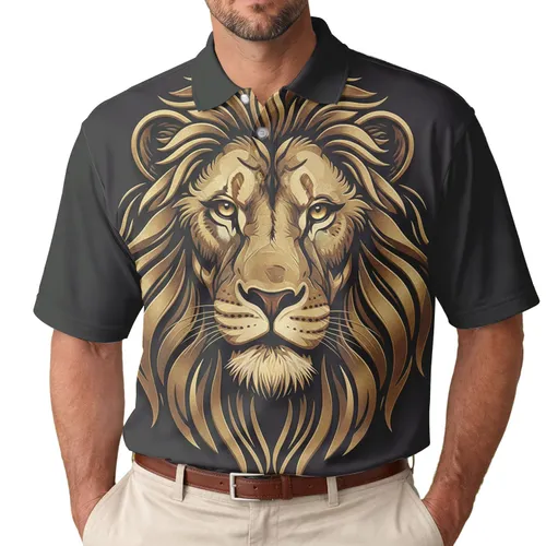 Majestic Gold Bronze Lion Head - Safari Animal Lover Gift for Wildlife Admirers Men's Polo Shirt