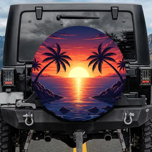 Tropical Sunset Setting Sun Palm Trees Rocky Islets - Travel Essentials Gift for Traveler Spare Tire Cover