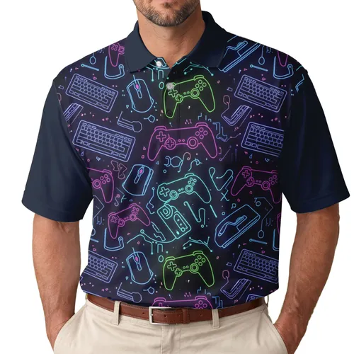 Game Controller Keyboard Mouse Circuit Board Neon Glow - Gaming Enthusiast Gift Men's Polo Shirt