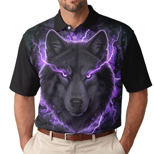 Majestic Wolf Head Electric Purple Lightning Ethereal Forest - Fantasy Lover Gift Men's Polo Shirt
