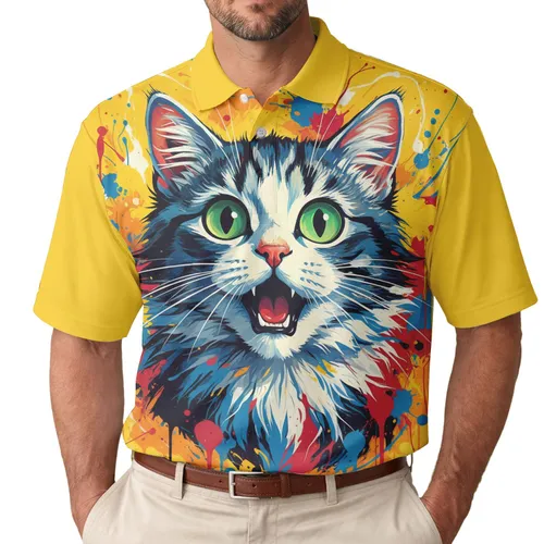 Surprised Cartoon Cat Green Eyes Paint Splashes Drips - Everyday Wear Gift for Cat Owners Men's Polo Shirt