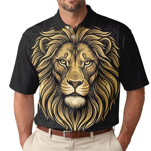 Ornate Animal Lion Head Golden Mane Black Background - Wildlife Lover Gift Men's Polo Shirt