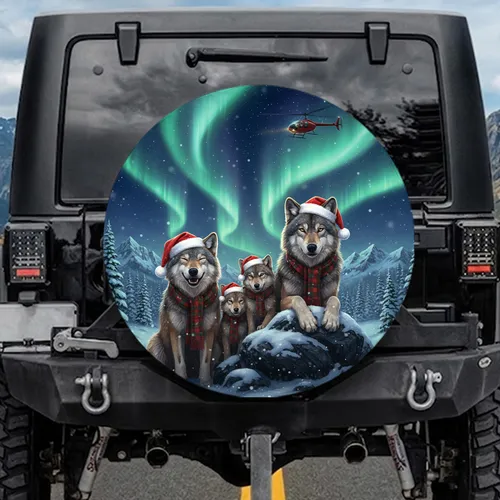 Festive Wolves Aurora Borealis Mountain - Christmas Holiday Gift for Wolf Lover Spare Tire Cover