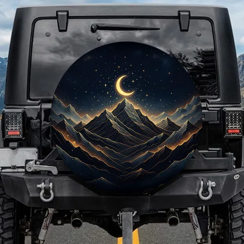 Luminous Golden Mountains Night Sky Moon - Adventure Lover Gift for Outdoors Enthusiast Spare Tire Cover