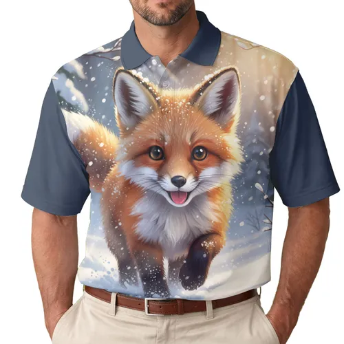 Curious Playful Fluffy Baby Fox Deep Snow Forest - Winter Wildlife Lover Gift Men's Polo Shirt
