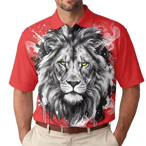 Majestic Lion Head Yellow Eyes Red Background with Swirling Mist - Wildlife Lover Gift for Big Cat Fan Men's Polo Shirt