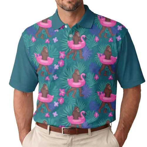Bigfoot Flamingo Tropical Hibiscus - Humorous Wildlife Lover Gift Men's Polo Shirt