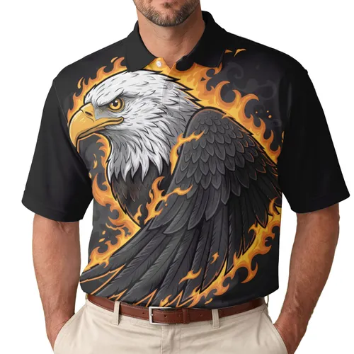 Bald Eagle Head Piercing Eyes Feathers Wing Orange Yellow Flames - Wildlife Lover Gift Men's Polo Shirt