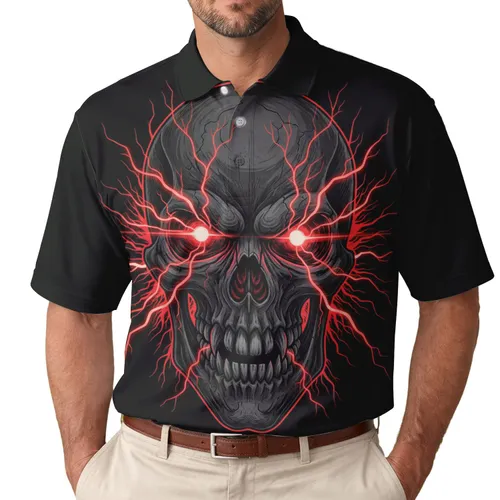 Menacing Skull Face Glowing Eyes Sharp Exposed Teeth Lightning Cracks - Skull Lover Gift Men's Polo Shirt