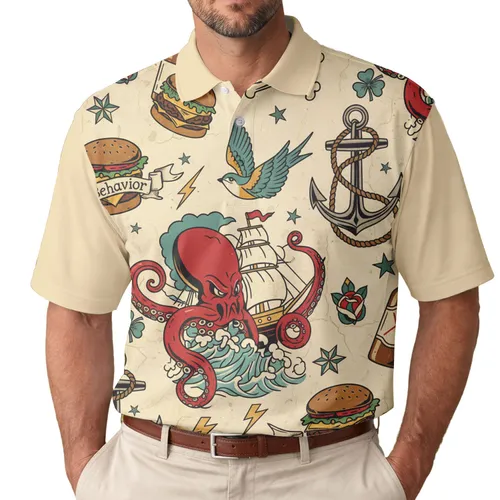 Kraken Octopus Vintage Ship Skull Anchor Swallow MisBehavior - Nautical Lifestyle Gift Men's Polo Shirt