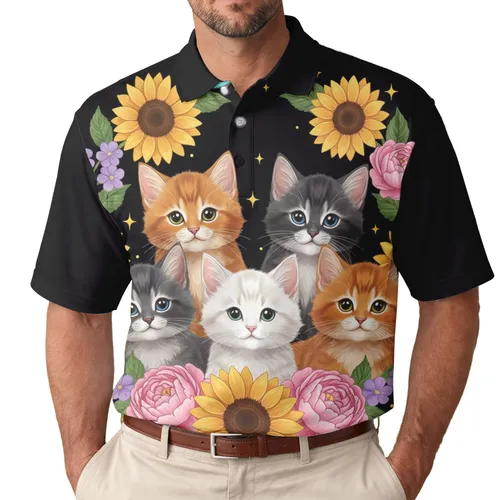 Adorable Kitten Group Sunflowers Peonies Butterflies - Cat Lover Gift for Garden Lovers Men's Polo Shirt