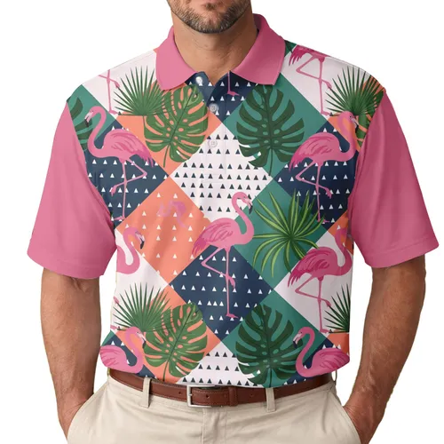 Pink Flamingos Tropical Leaves Diamond Block - Tropical Lifestyle Gift Men's Polo Shirt
