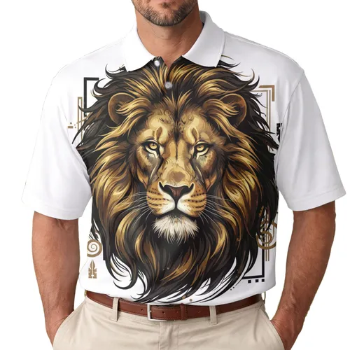 Metallic Gold Bronze Lion Head Flowing Mane - Wildlife Lover Gift for Men Men's Polo Shirt