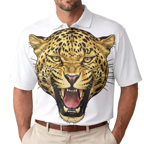 Majestic Golden Leopard Head Roaring Sharp Teeth Rosetted Spots - Wildlife Lover Gift Men's Polo Shirt