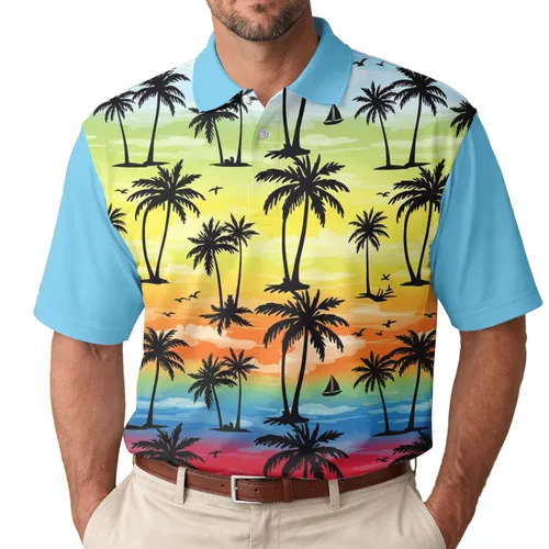 Silhouetted Palm Trees Flying Birds Sailboats Ocean Waves - Tropical Sunset Vacation Gift Men's Polo Shirt