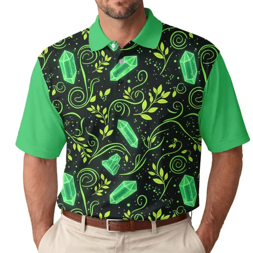 Glowing Green Crystals Swirling Lines Leafy Branches - Everyday Wear Gift Men's Polo Shirt