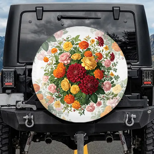 Vibrant Botanical Mosaic Flowers - Home Decor Gift for Garden Lover Spare Tire Cover