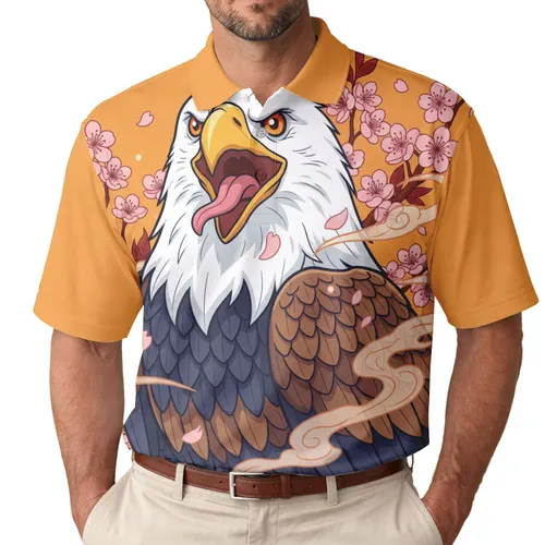 White-Headed Eagle Yellow Beak Pink Tongue Cherry Blossom Flowers - Wildlife Lover Gift Men's Polo Shirt