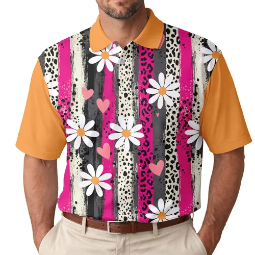 Scattered Daisy Flowers Pink Hearts Vertical Leopard Stripes - Fashion Lifestyle Gift Men's Polo Shirt