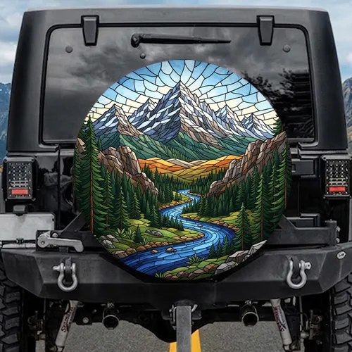 Snow-capped Mountain Peaks River Forest Rolling Hills Landscape - Outdoor Adventure Gift Spare Tire Cover