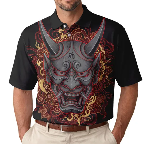 Hannya Mask Japanese Scrollwork Flames - Cultural Heritage Gift for Japanese Culture Lover Men's Polo Shirt