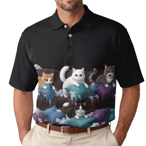 Five Cats Ripped Pillows Scattered Stuffing Dark Couch Scene - Pet Lover Gift Men's Polo Shirt