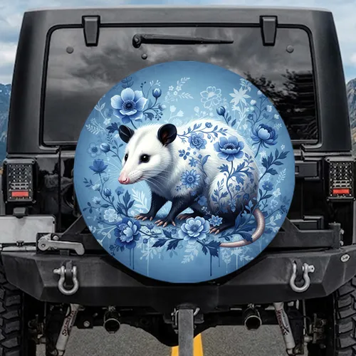 White Opossum Blue Floral Ceramic - Wildlife Lover Gift Spare Tire Cover