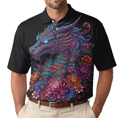 Filigree Dragon Head Tribal Chrysanthemum Dahlia - Fantasy Style Gift Men's Polo Shirt