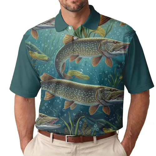 Northern Pike Muskie Underwater Scene - Wildlife Lover Fishing Gift Men's Polo Shirt