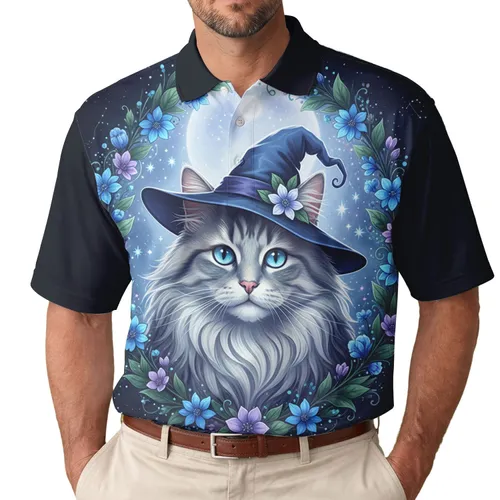 Long-Haired Cat Witch Hat Flower Frame Moon Glow - Starry Night Fantasy Lover Gift Men's Polo Shirt