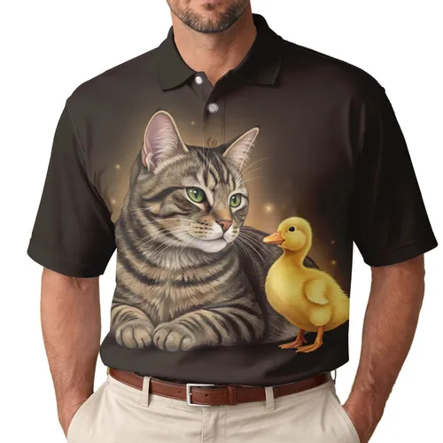 Striped Tabby Cat Yellow Duckling - Cat Lover Gift Men's Polo Shirt