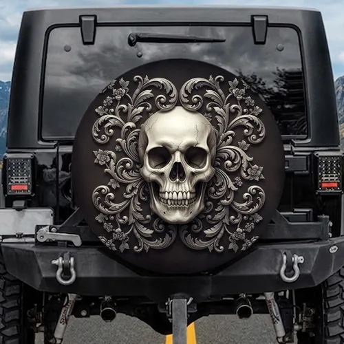 Dark Skull Silver Acanthus Baroque Floral - Gothic Home Decor Gift Spare Tire Cover