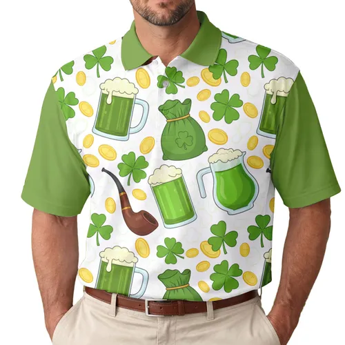 Green Beer Pint Shamrocks Money Bag Smoking Pipe - St. Patrick's Day Gift for Beer Lovers Men's Polo Shirt