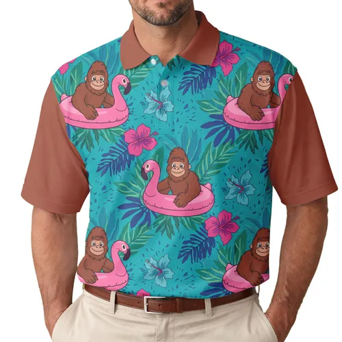 Bigfoot Flamingo Tropical Hibiscus Flowers - Summer Vacation Gift for Wildlife Lover Men's Polo Shirt