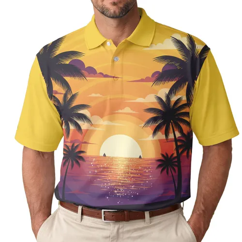 Tropical Sunset Palm Tree Ocean Sailboats - Ocean Lover Vacation Gift Men's Polo Shirt