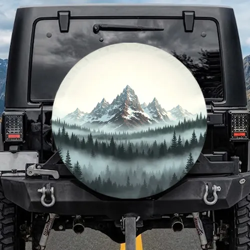 Majestic Mountain Range Evergreen Forest Misty Peaks - Outdoor Adventure Decor Gift Spare Tire Cover