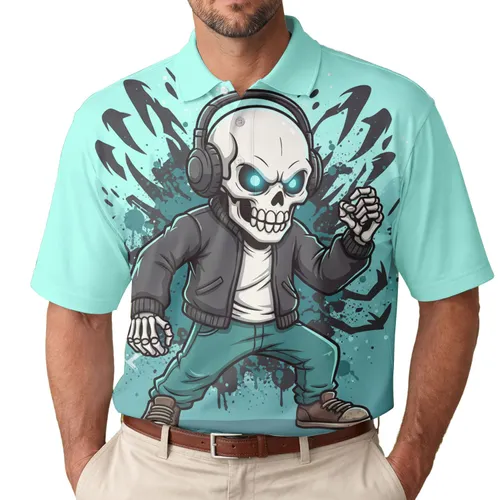 Cartoon Skeleton Character Headphones Jacket - Streetwear Style Gift Men's Polo Shirt