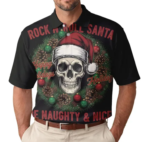 Rock N Roll Santa Skull Wreath - Happy Holidays Celebration for Naughty & Nice Men's Polo Shirt