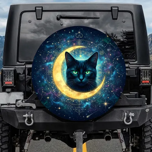 Black Cat Golden Crescent Moon Galaxy - Celestial Decor Gift for Cat Lover Spare Tire Cover