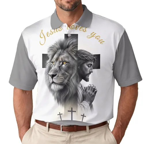 Lion Jesus Crosses 'Jesus Loves You' - Christian Faith Gift for Believers Men's Polo Shirt